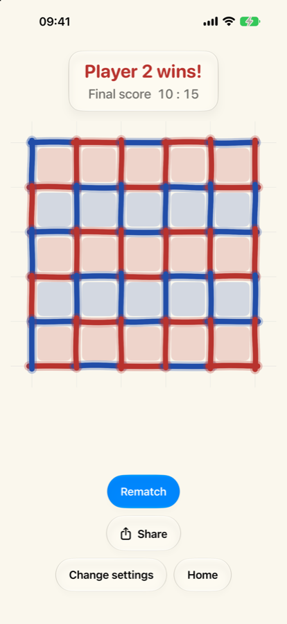 The end screen of a finished 5 by 5 game