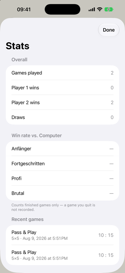 The stats screen showing games played and win rates